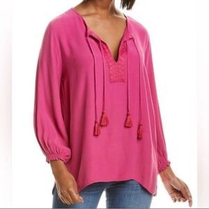 Johnny Was Calme Dark Pink Double Tassel Peasant Viscose Embroidered Top medium
